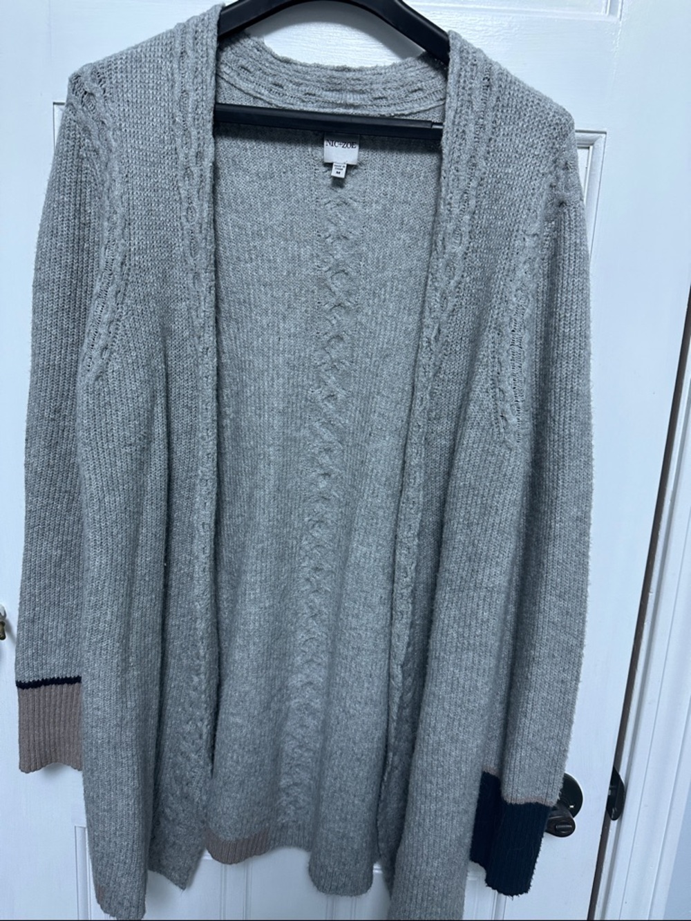 NIC+ZOE Light Gray Open-Front Cardigan with Contrast Cuffs